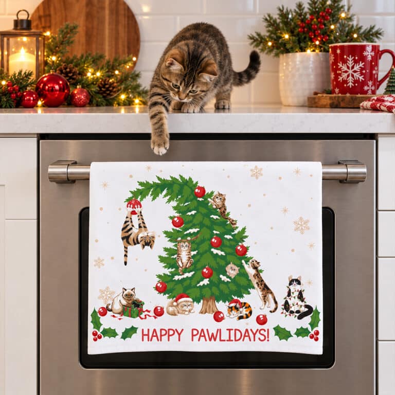 Happy Pawlidays Funny Cat Christmas Tree Kitchen Towel 28" x 19"