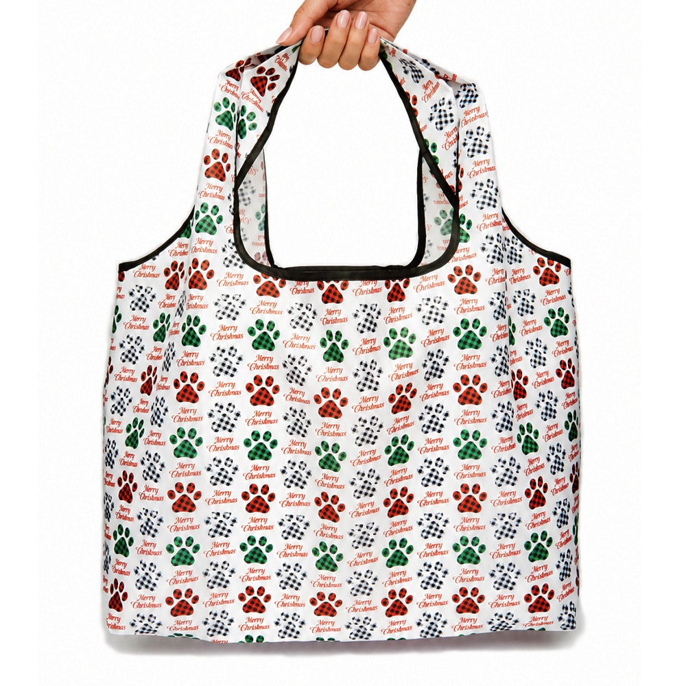 Merry Christmas Plaid Paws – Shopping Travel Shoulder Bag- Folding Grocery Tote Pouch Bag