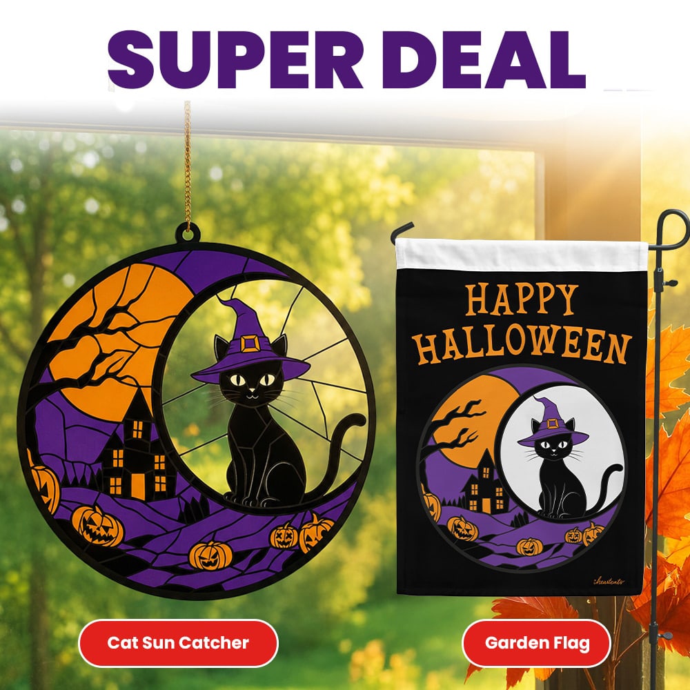 Halloween Moonlit Kitty Gift Set - Halloween Black Cat Witch Hat & Haunted House Acrylic Cat Window Ornament and Garden Flag