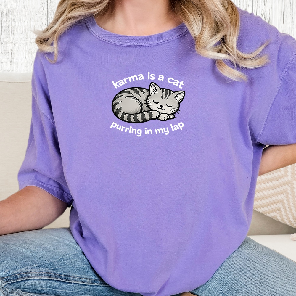 Comfort Colors Karma Is A Cat Purring In My Lap Vintage Washed Tee - Violet