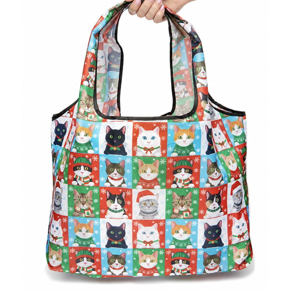 Christmas Cat Holiday Squares – Shopping Travel Shoulder Bag- Folding Grocery Tote Pouch Bag