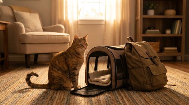 Tabby cat sitting calmly next to an emergency carrier, ready for evacuation