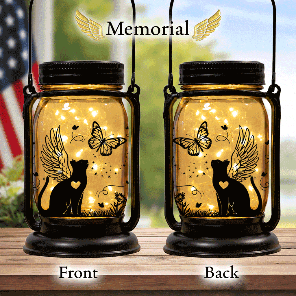 Memorial Mason Jar Solar Lantern – 10 Seasonal Cat & Dog Inserts – July 4th, Halloween, Christmas, Mom’s Day, Memorial