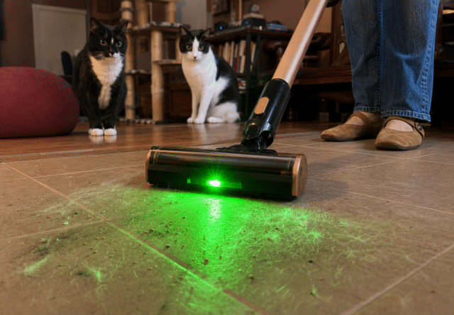 NeoSight green LED light revealing hidden cat hair and scattered litter granules on a tile floor