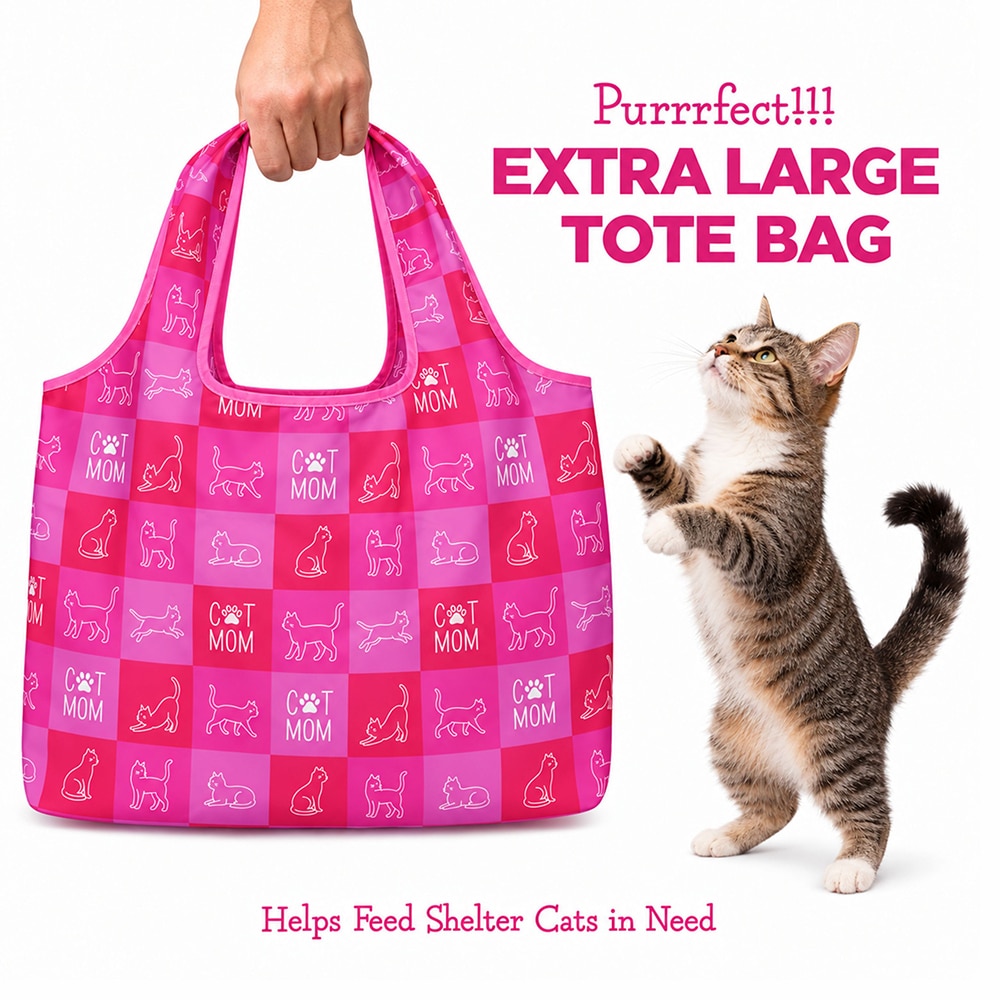 Pink Cat Mom – Shopping Travel Shoulder Bag- Folding Grocery Tote Pouch Bag