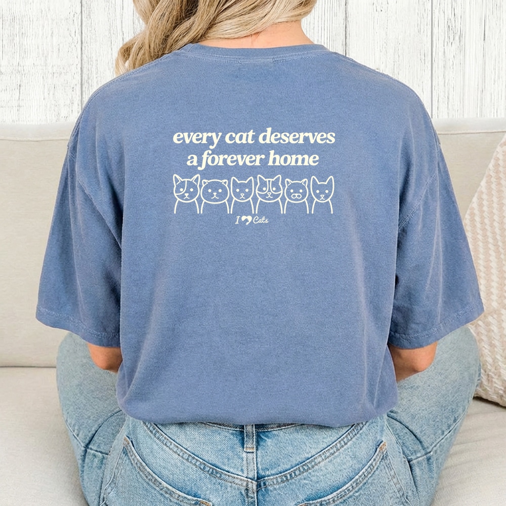 Comfort Colors Every Cat Deserves A Forever Home iHeartCats Vintage Washed Tee - Blue Jean