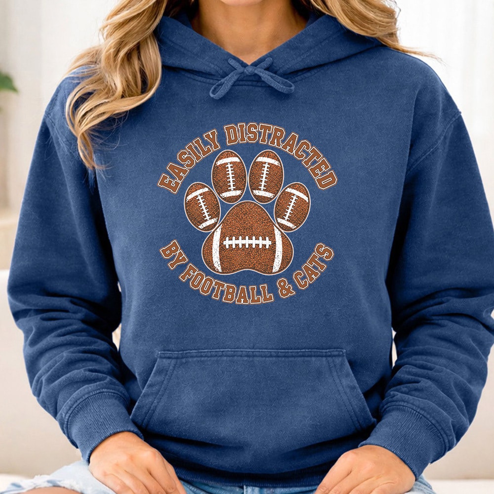 Comfort Colors Easily Distracted By Football & Cats Premium Hoodie Navy