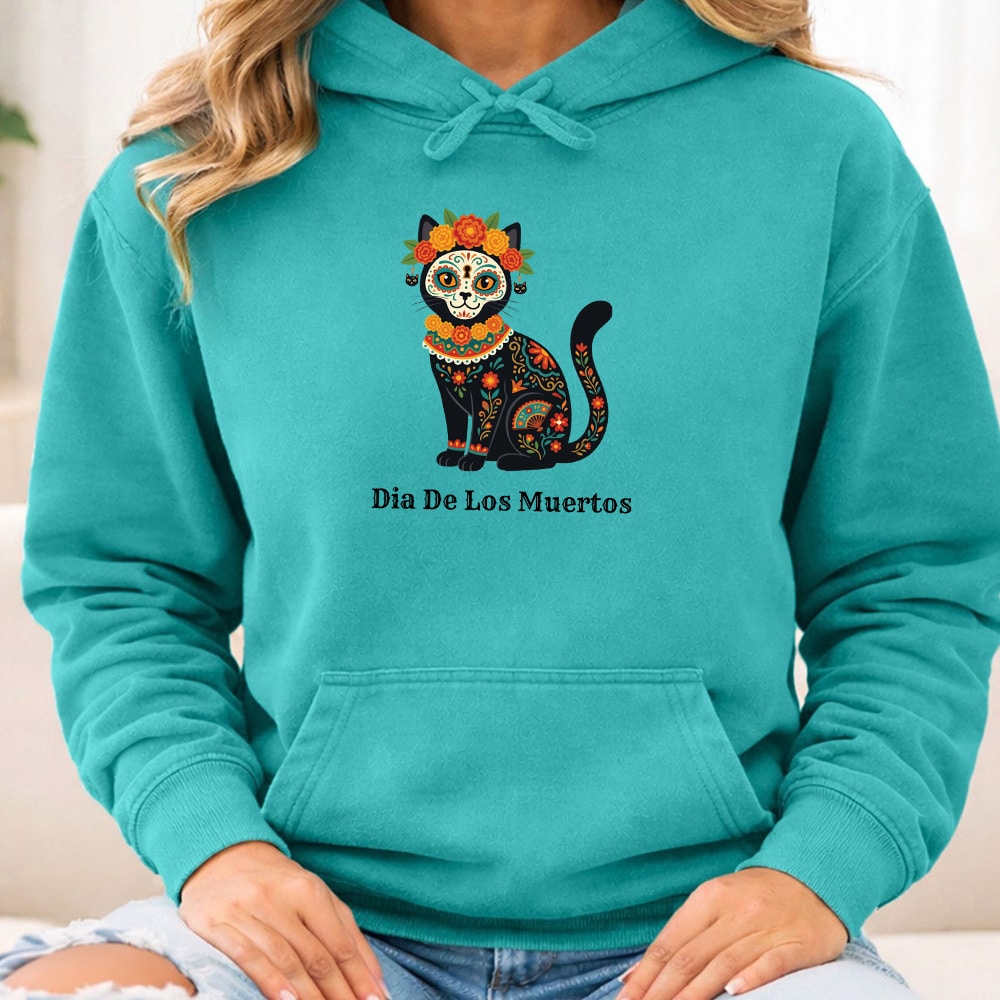 Comfort Colors Día de los Muertos Flower Kitty Premium Hoodie Seafoam