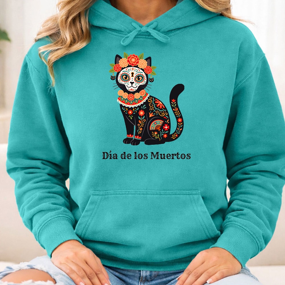 Comfort Colors Día de los Muertos Flower Cat Premium Hoodie Seafoam