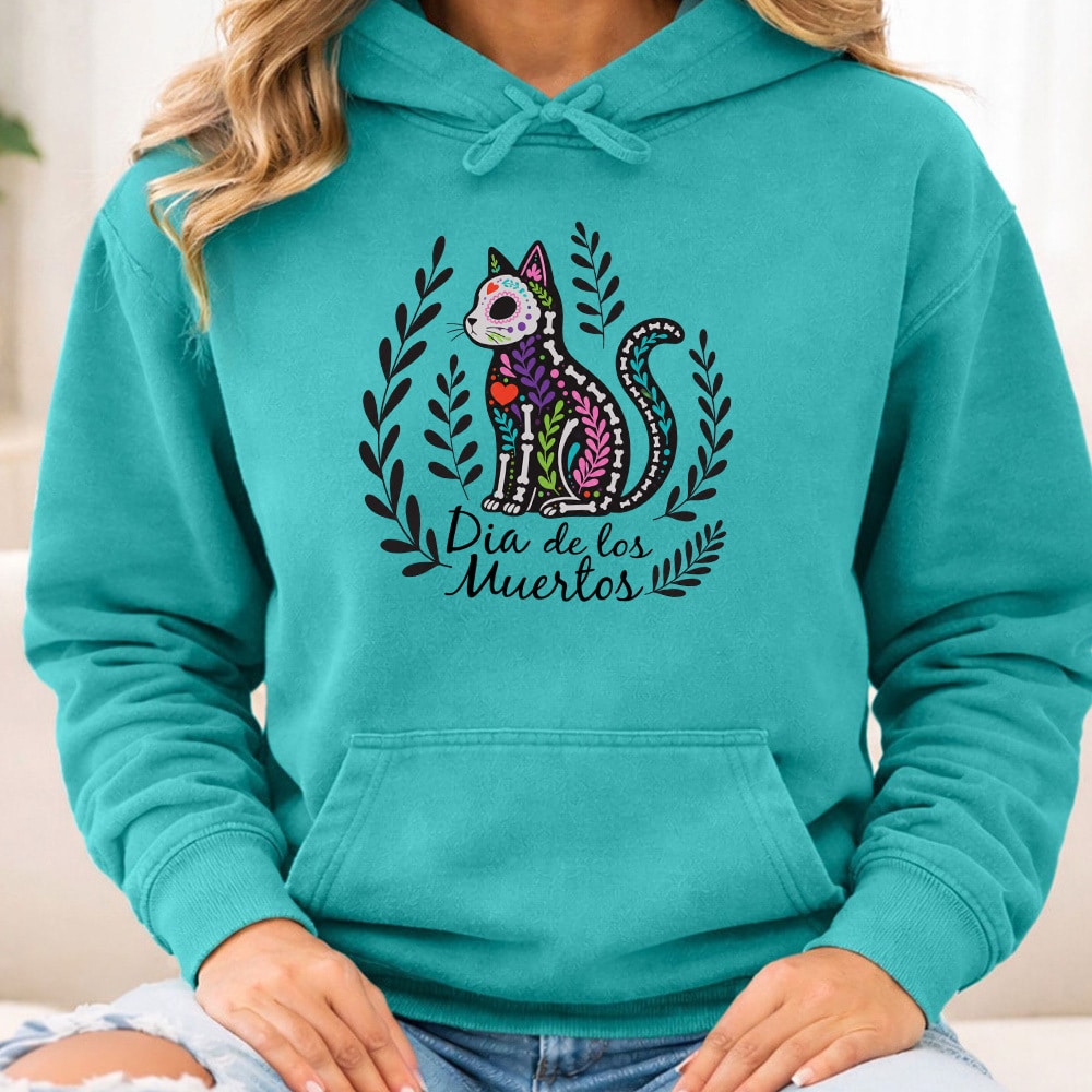 Comfort Colors Día de los Muertos Colorful Kitty Premium Hoodie Seafoam