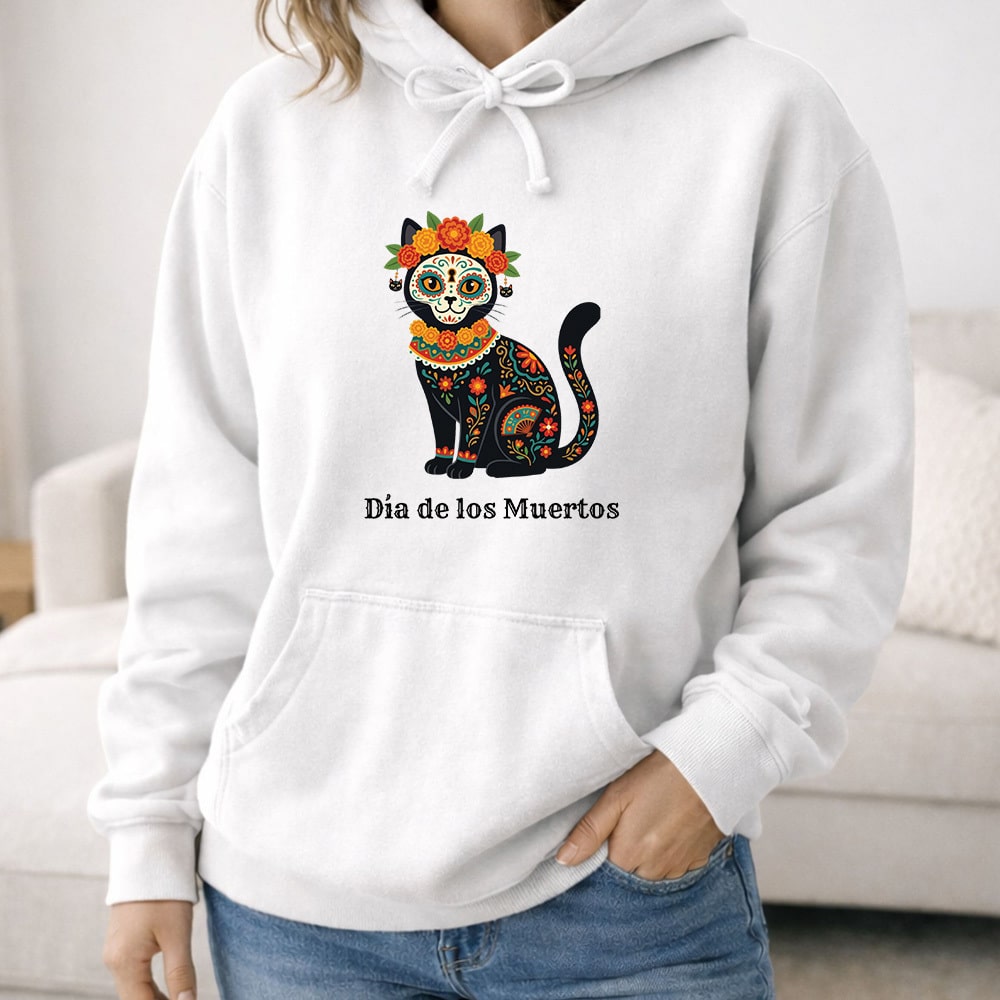 Comfort Colors Día de los Muertos Flower Cat Premium Hoodie White