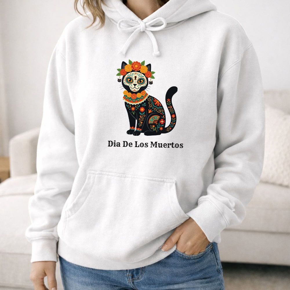 Comfort Colors Día de los Muertos Flower Kitty Premium Hoodie White