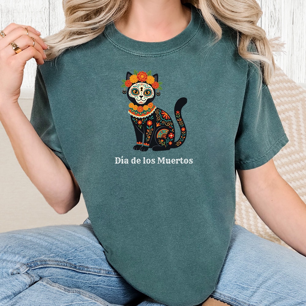 Comfort Colors Día de los Muertos Flower Cat Vintage Washed Tee - Blue Spruce
