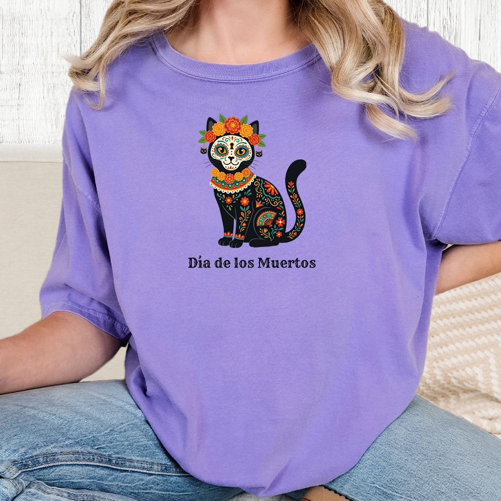 Comfort Colors Día de los Muertos Flower Cat Vintage Washed Tee - Violet