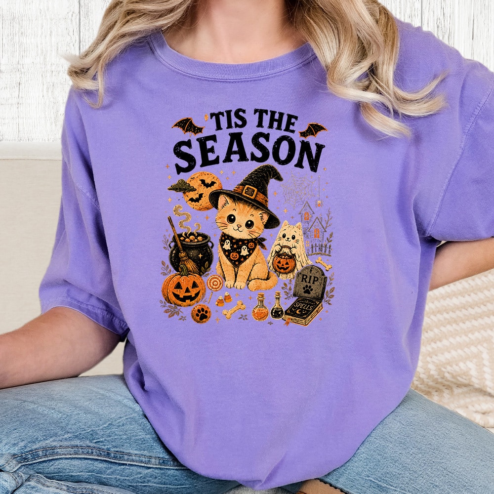 Comfort Colors Tis The Season Spooky Kitties Vintage Washed Tee - Violet