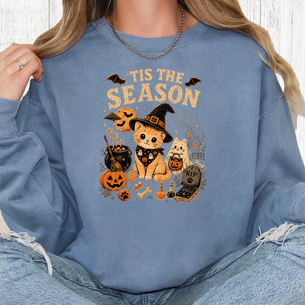 Comfort Colors Tis The Season Spooky Kitties Premium Sweatshirt - Blue Jean