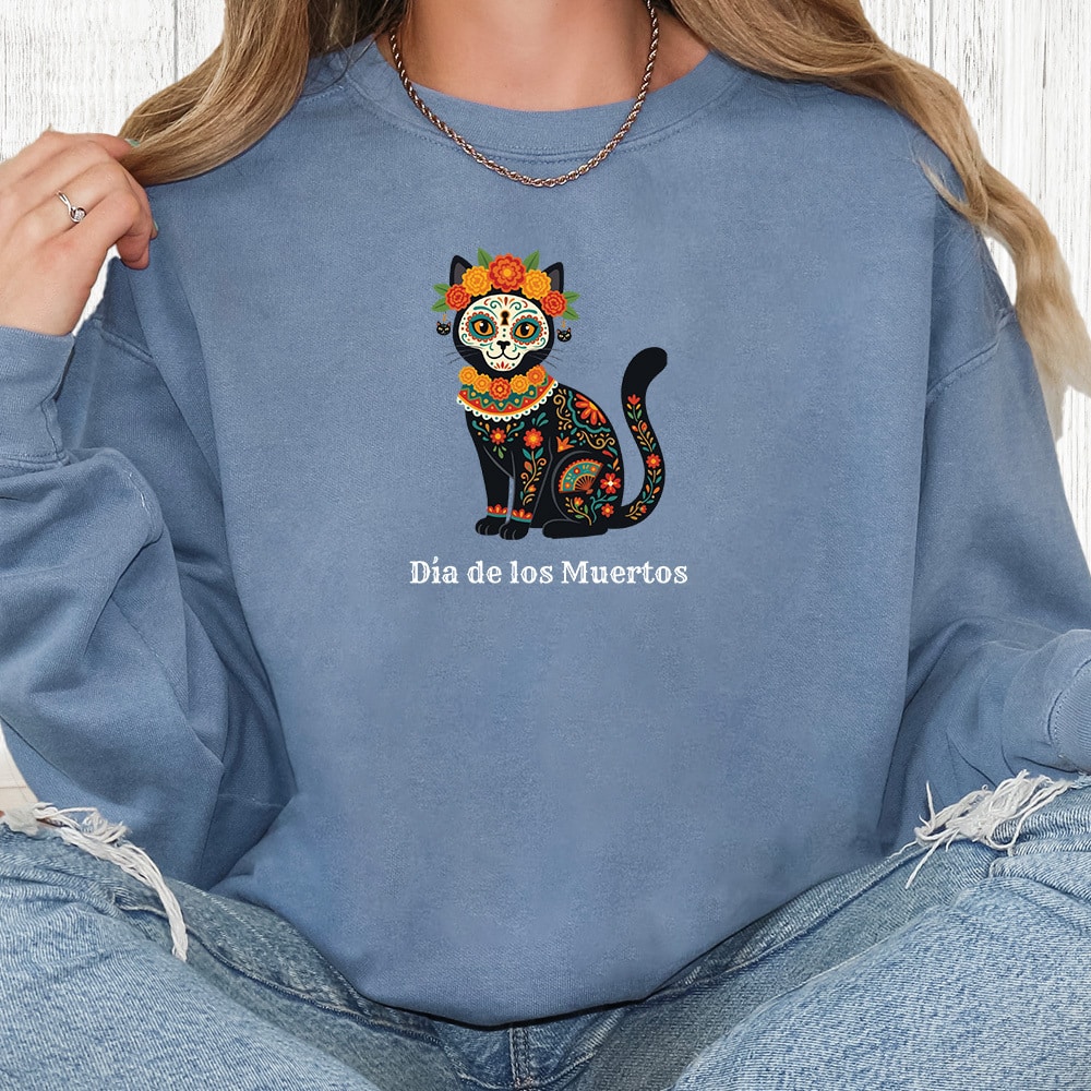 Comfort Colors Día de los Muertos Flower Cat Premium Sweatshirt - Blue Jean