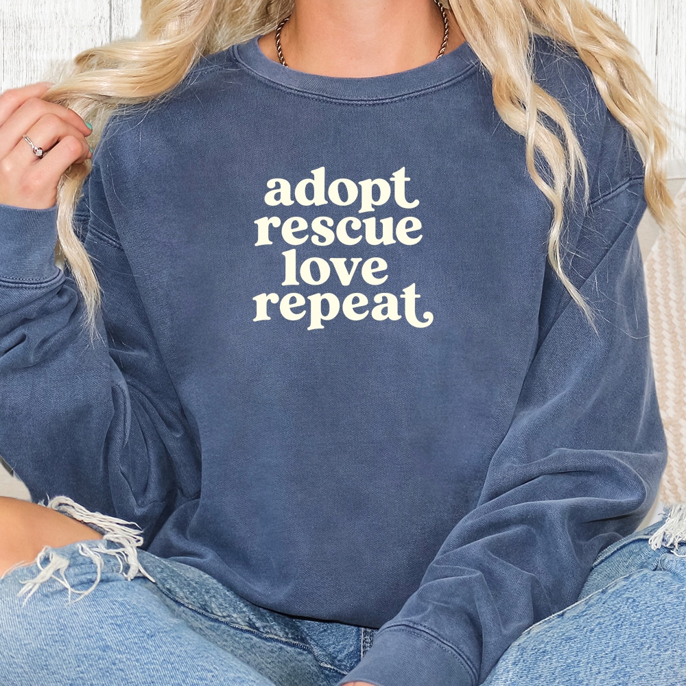 Comfort Colors Adopt Rescue Love Repeat Premium Sweatshirt - Denim