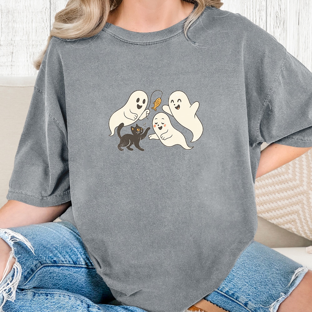 Comfort Colors Ghost Kitty Playtime Vintage Washed Tee - Granite