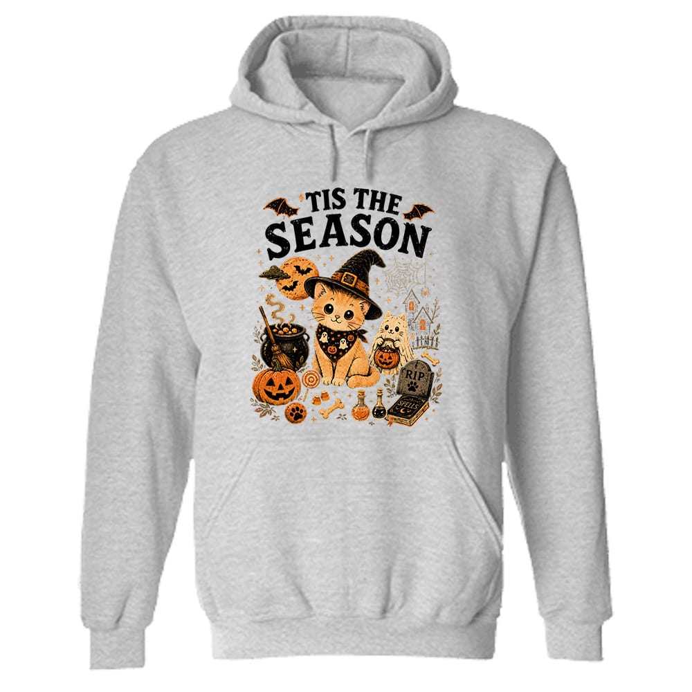 Tis The Season Spooky Kitties Hoodie Heather Grey