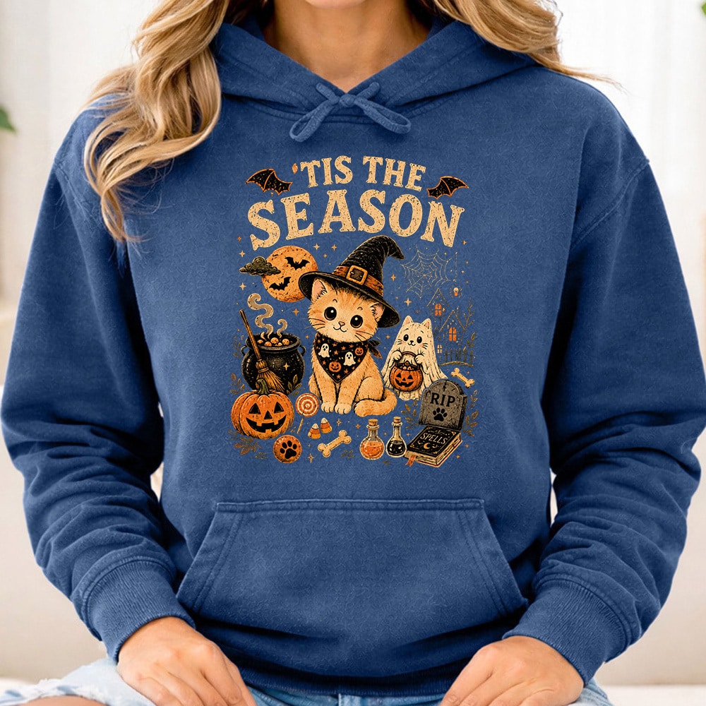 Comfort Colors Tis The Season Spooky Kitties Premium Hoodie Navy