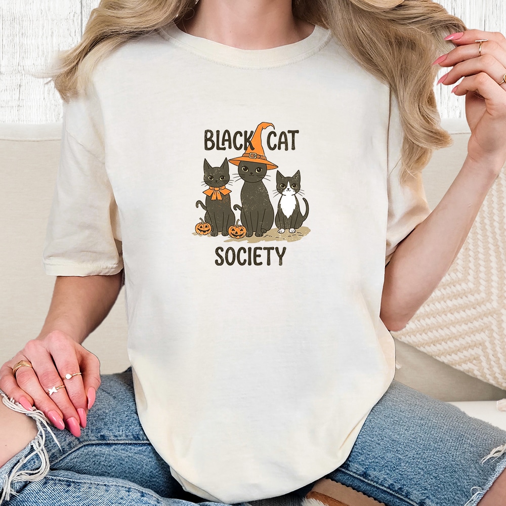 Comfort Colors Black Cat Society Vintage Washed Tee - Ivory