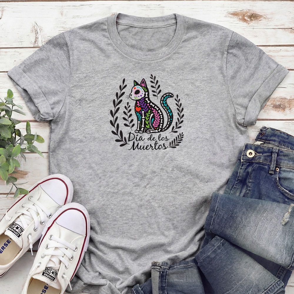 Día de los Muertos Sugar Skull Cat Standard Tee Heather Grey
