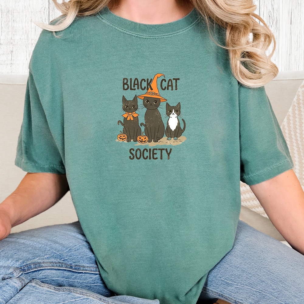 Comfort Colors Black Cat Society Vintage Washed Tee - Seafoam