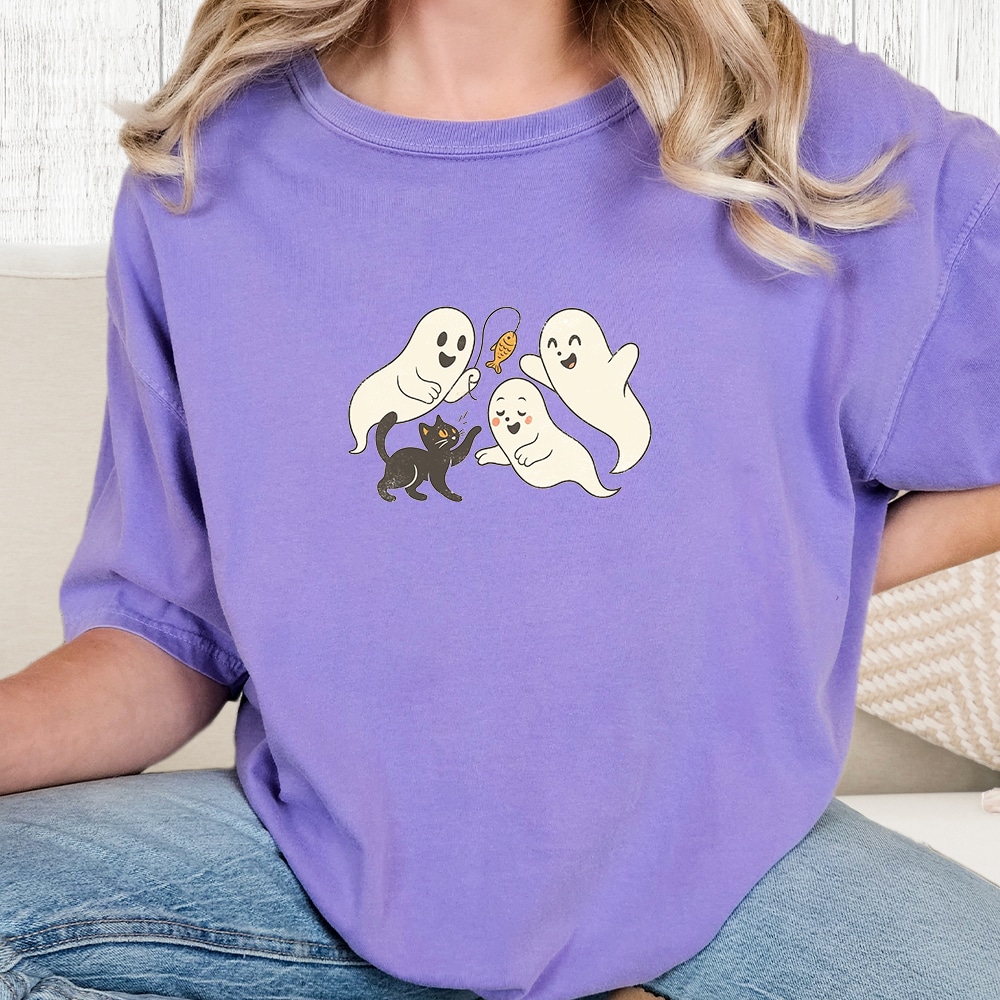 Comfort Colors Ghost Kitty Playtime Vintage Washed Tee - Violet