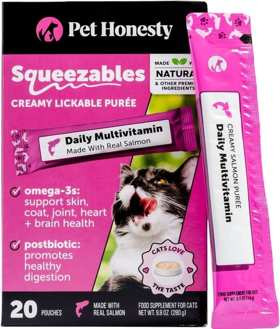 Pet Honesty Squeezables Cat Multivitamin Lickable Puree treats creamy salmon puree 20 pouches