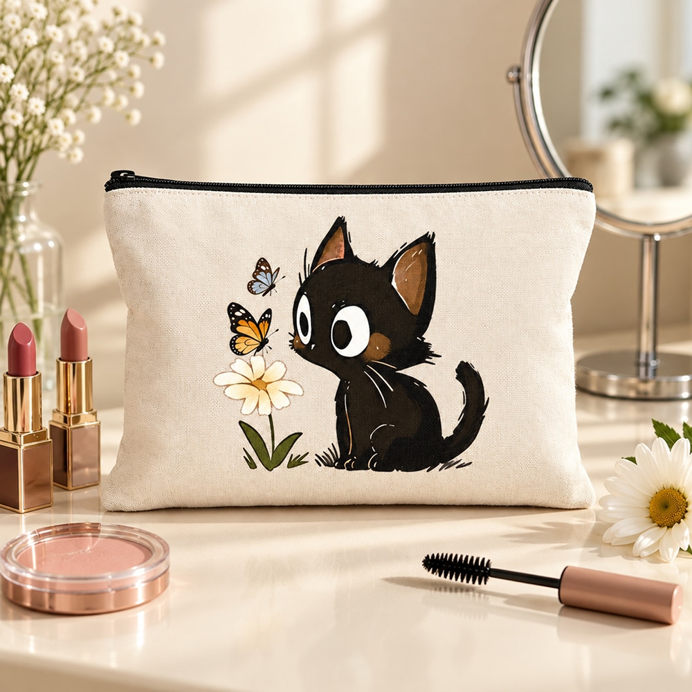 Butterfly Kisses Black Kitty Cosmetic Pouch