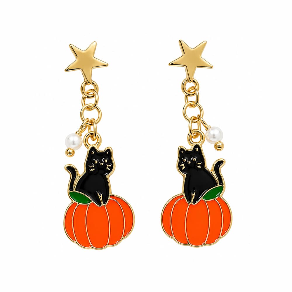 Black Kitty Sitting on Pumpkin Earrings