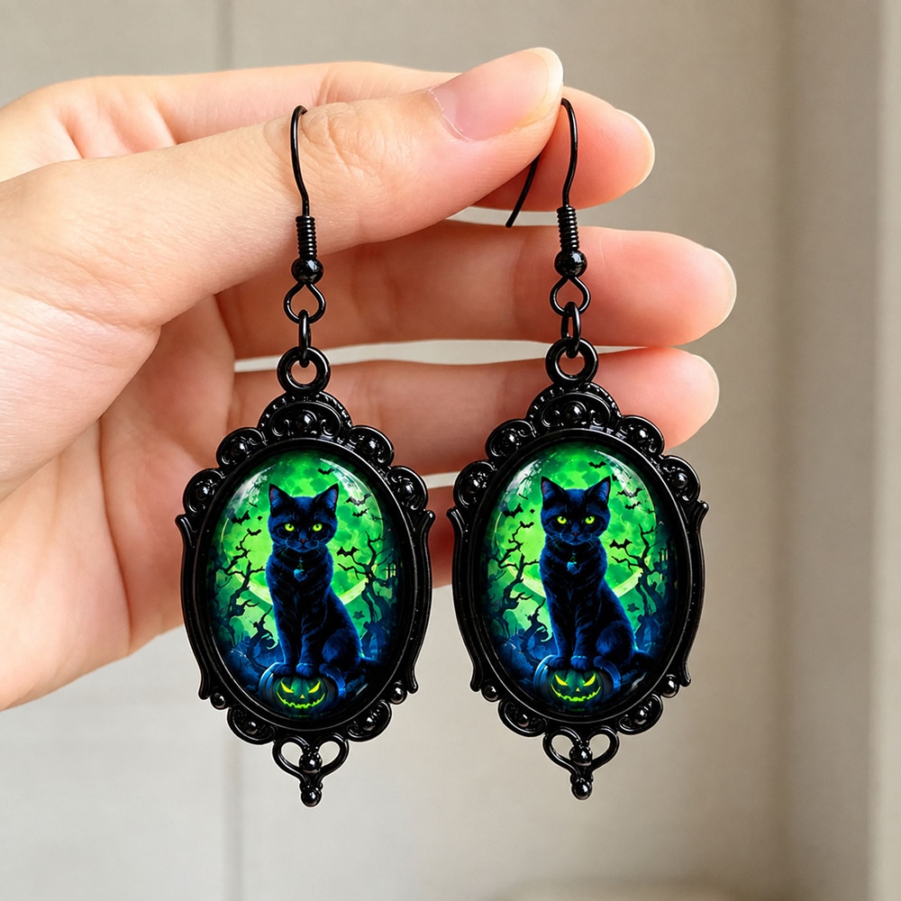Emerald Eclipse Black Cat Earrings