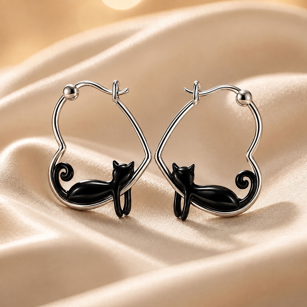 Midnight Heart Black Cat Hoop Earrings