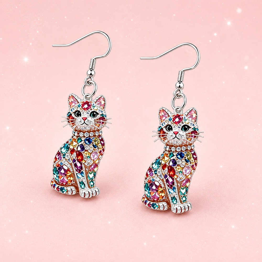 Kaleidoscope Kitty Jeweled Dangle Earrings