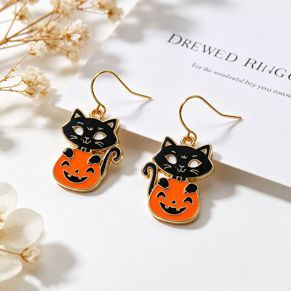 Purr-fectly Spooky Black Cat Pumpkin Earrings