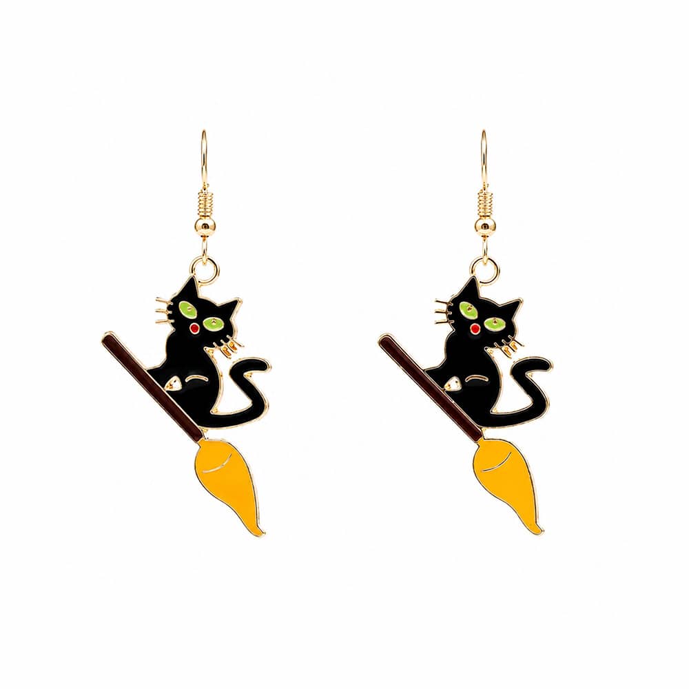 Black KItty on Broom Earrings