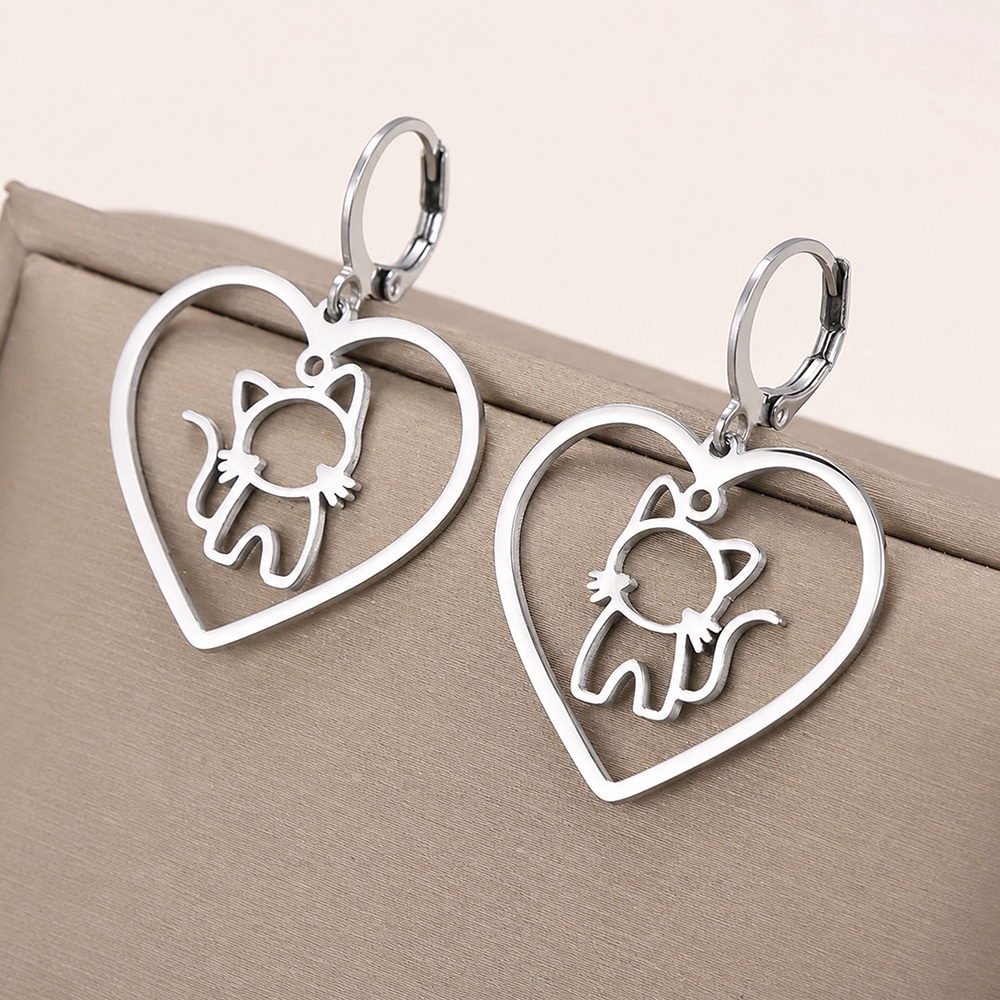 Heart Full of Whiskers Stainless Steel Cat Earrings