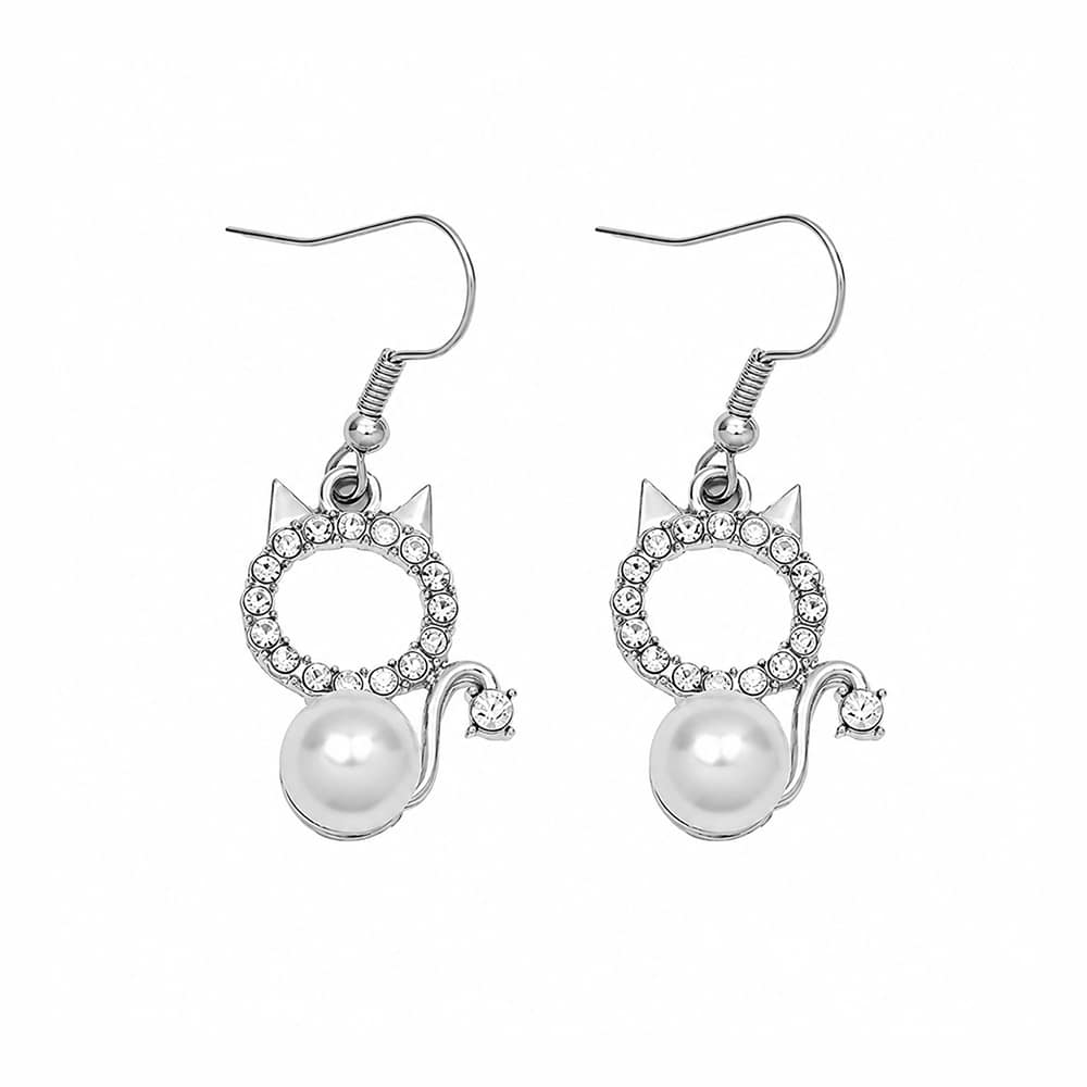Pearl Halo Kitty Crystal Dangle Earrings