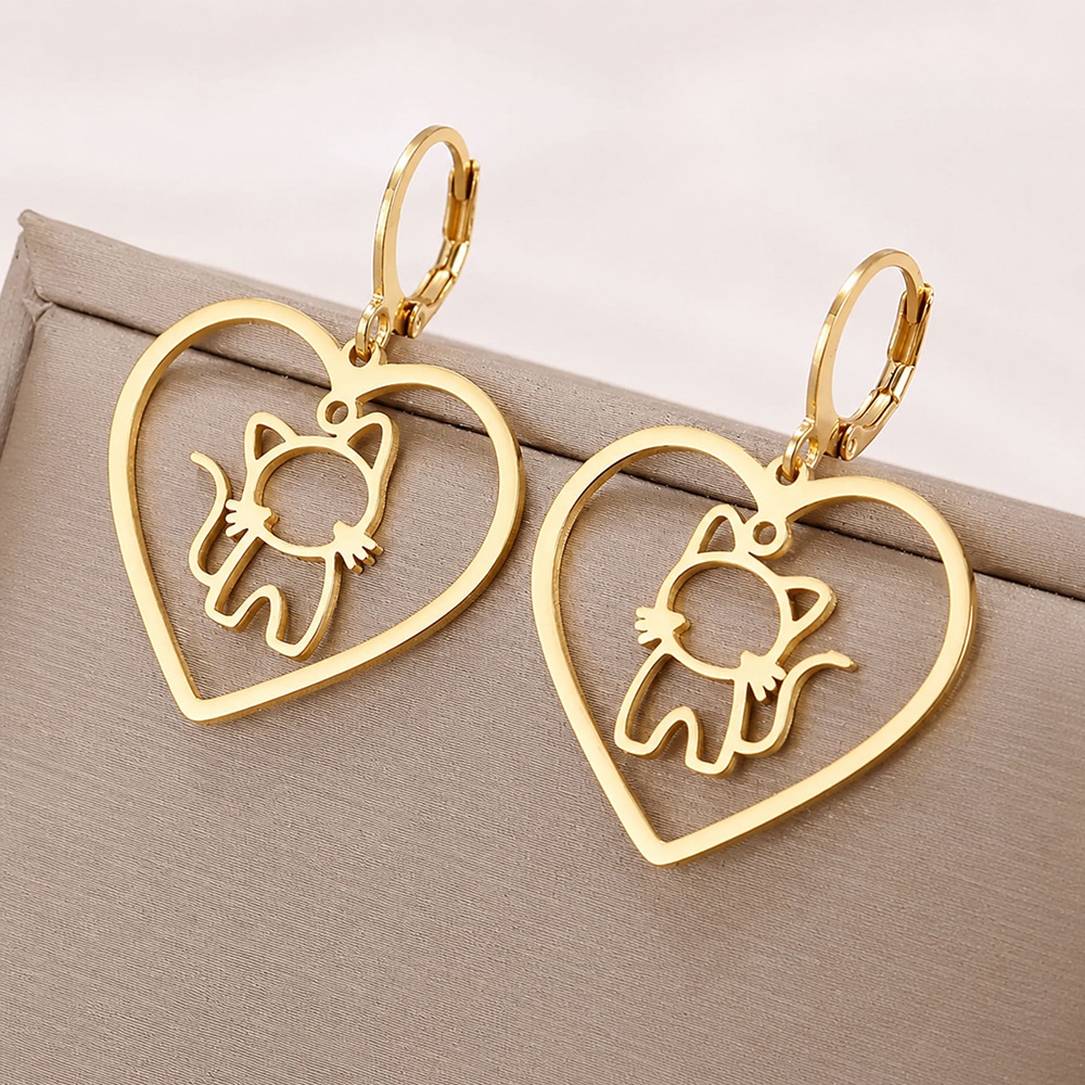 Golden Heart Whiskers Cat Earrings