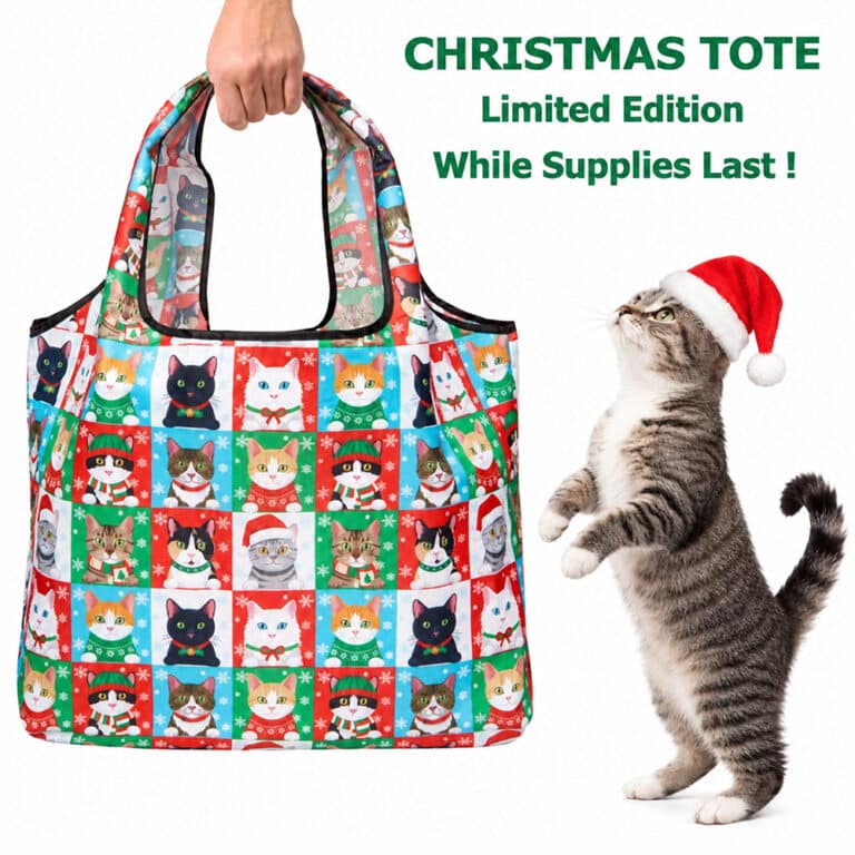 Christmas Cat Holiday Squares – Shopping Travel Shoulder Bag- Folding Grocery Tote Pouch Bag