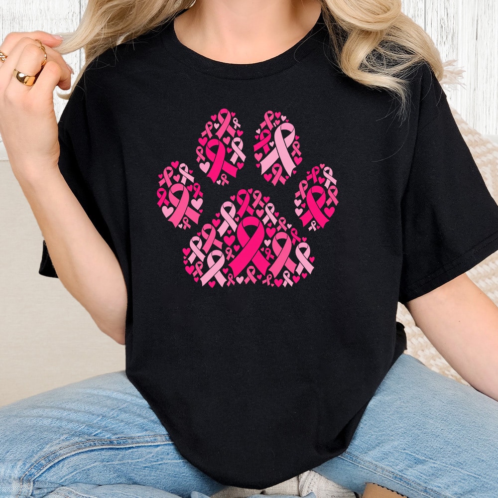 Comfort Colors Pink Ribbon Paw Vintage Washed Tee - Black