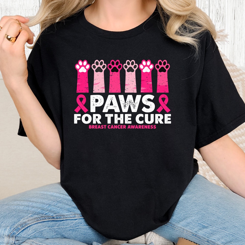 Comfort Colors Paws For The Cure Breast Cancer Awareness Vintage Washed Tee - Black