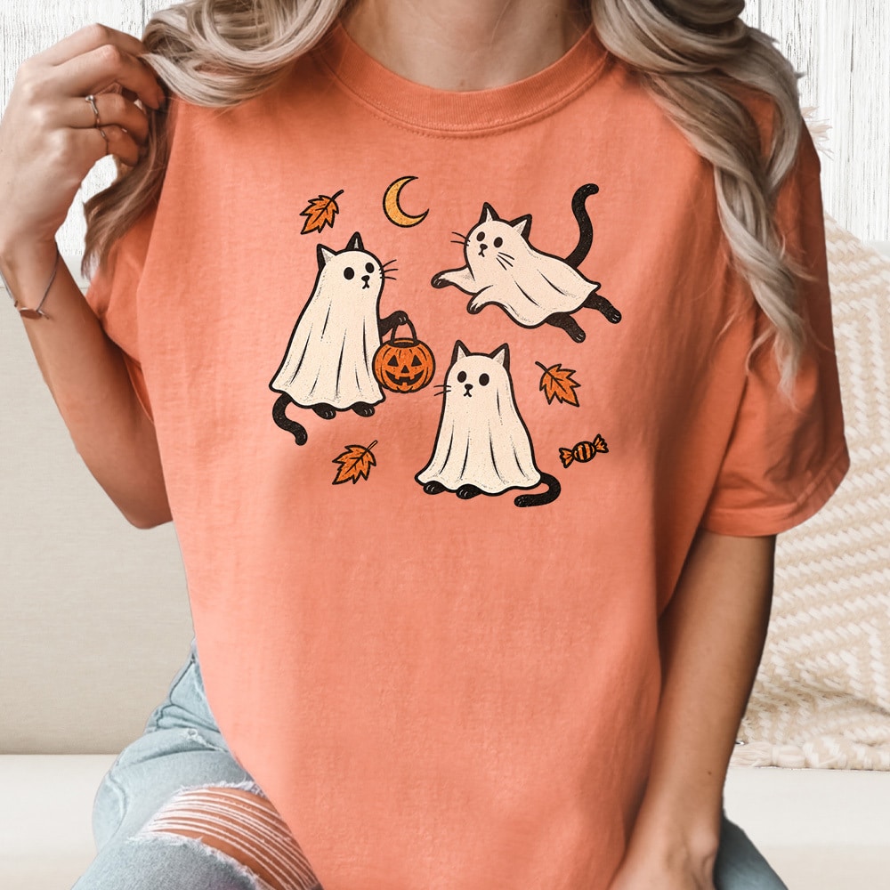 Comfort Colors Playful Ghost Cats Vintage Washed Tee - Terracotta