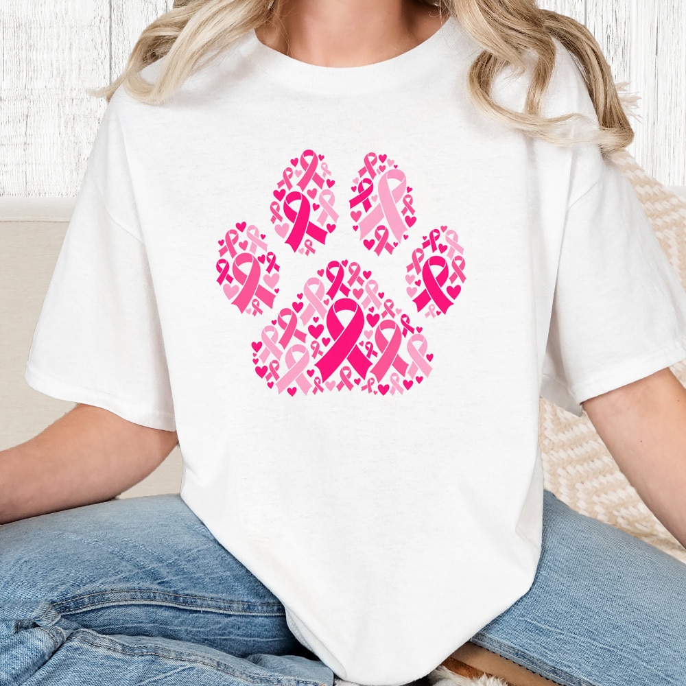 Comfort Colors Pink Ribbon Paw Vintage Washed Tee - White