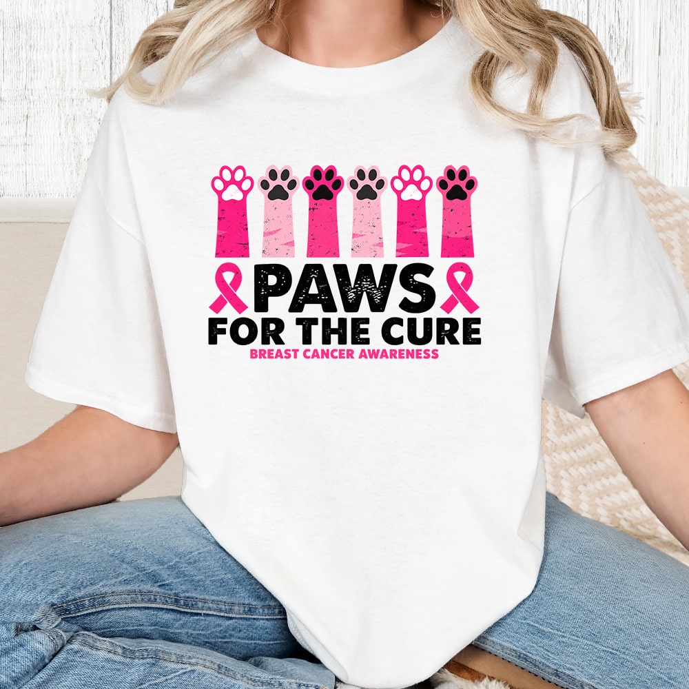 Comfort Colors Paws For The Cure Breast Cancer Awareness Vintage Washed Tee - White