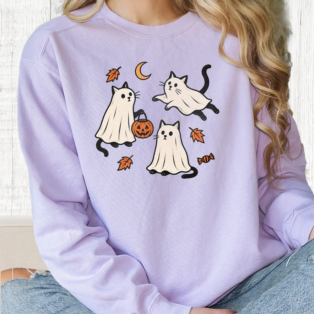 Comfort Colors Playful Ghost Cats Premium Sweatshirt - Orchid