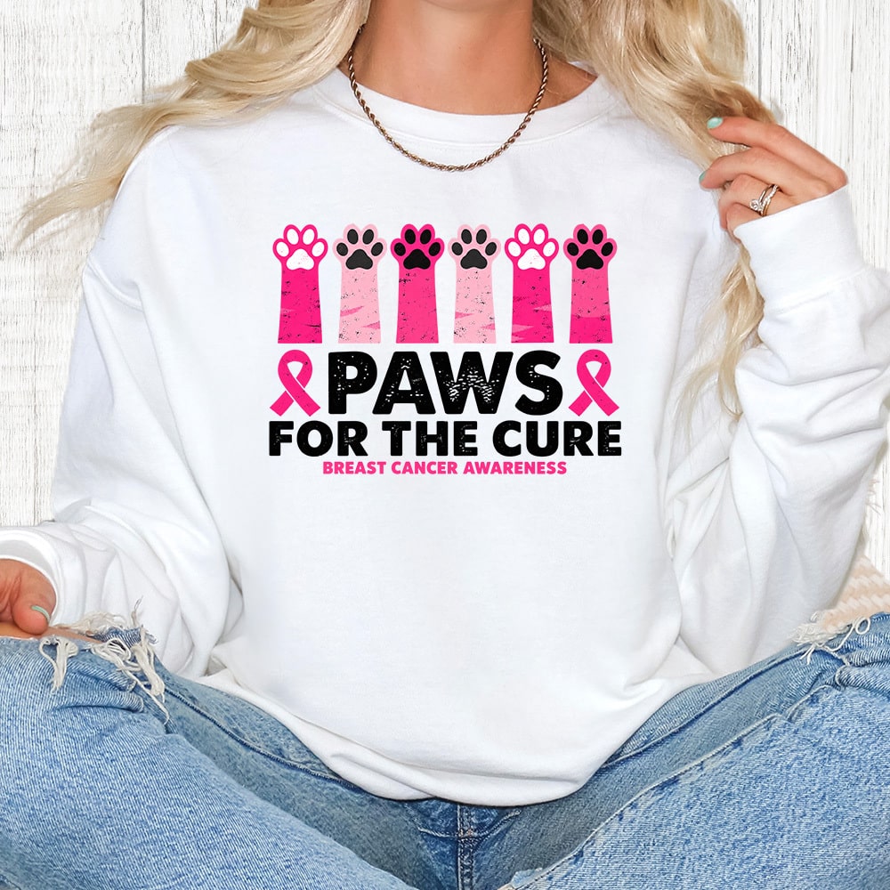 Comfort Colors Paws For The Cure Breast Cancer Awareness Premium Sweatshirt - White