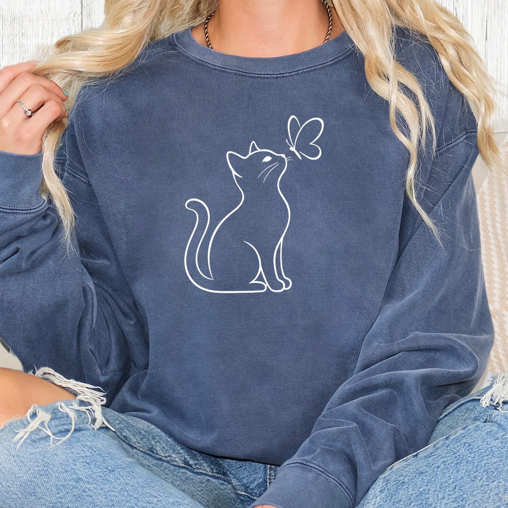 Comfort Colors Cat With Butterfly Premium Sweatshirt - Denim