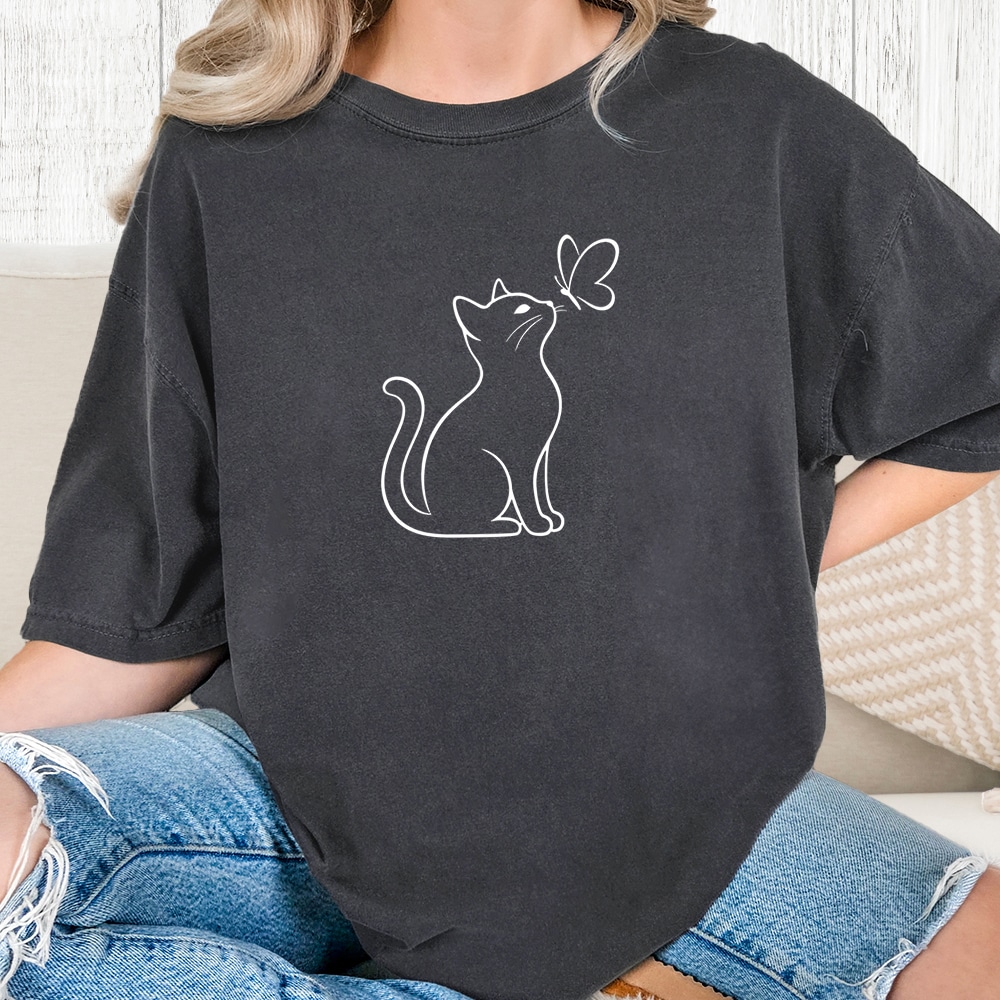 Comfort Colors Cat With Butterfly Vintage Washed Tee - Graphite